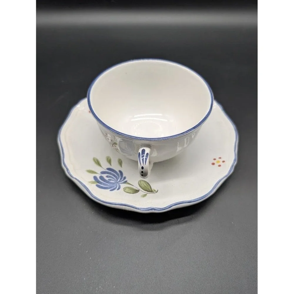 Vintage Luneville France Chanteclerc Teacup Saucer Set scallop Rooster Blue Rare